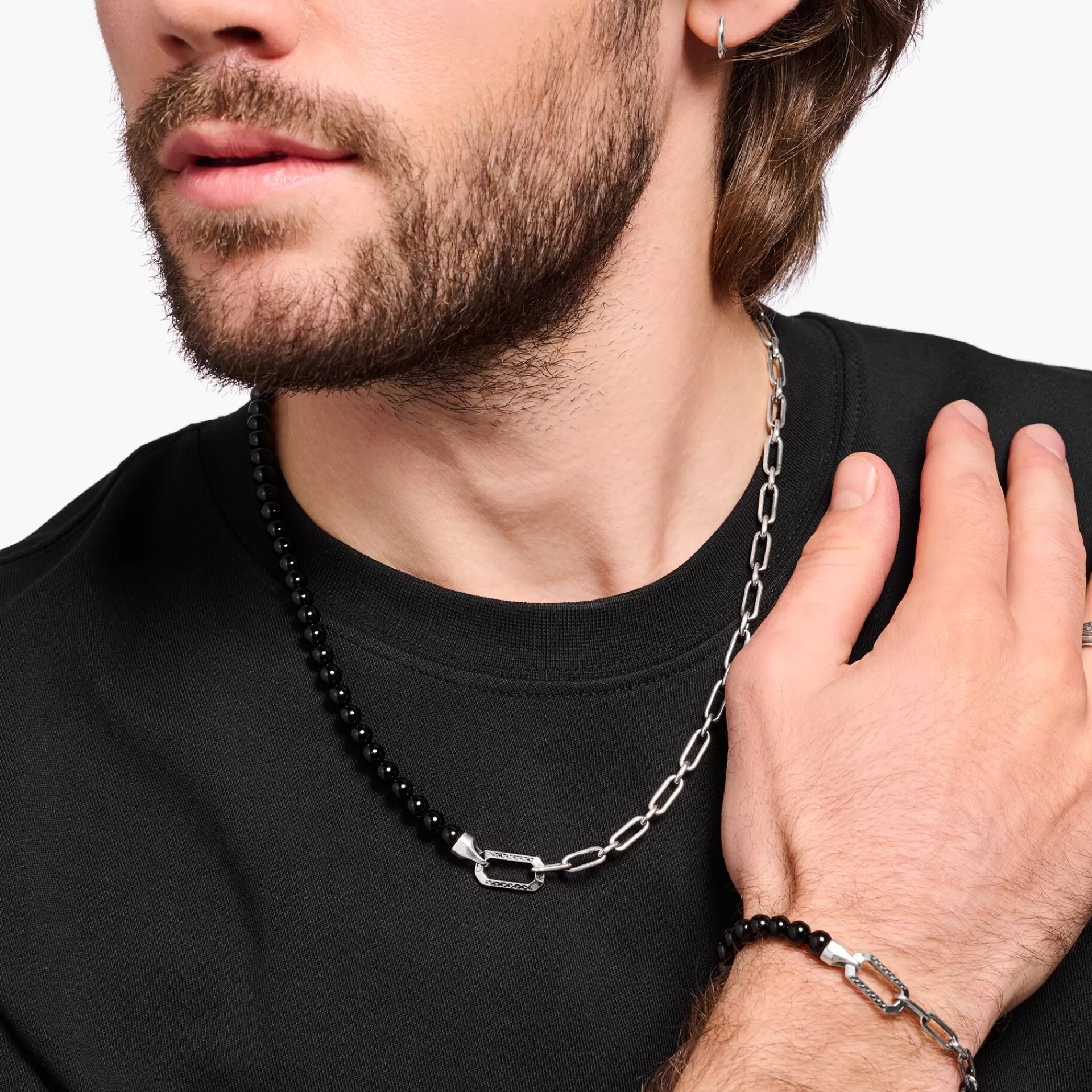 THOMAS SABO Halsband | Återvunnet 925 silver<HALSBAND MED SVARTA ONYX BEADS OCH L&AUML;NKAR SILVER silverfargad, svart