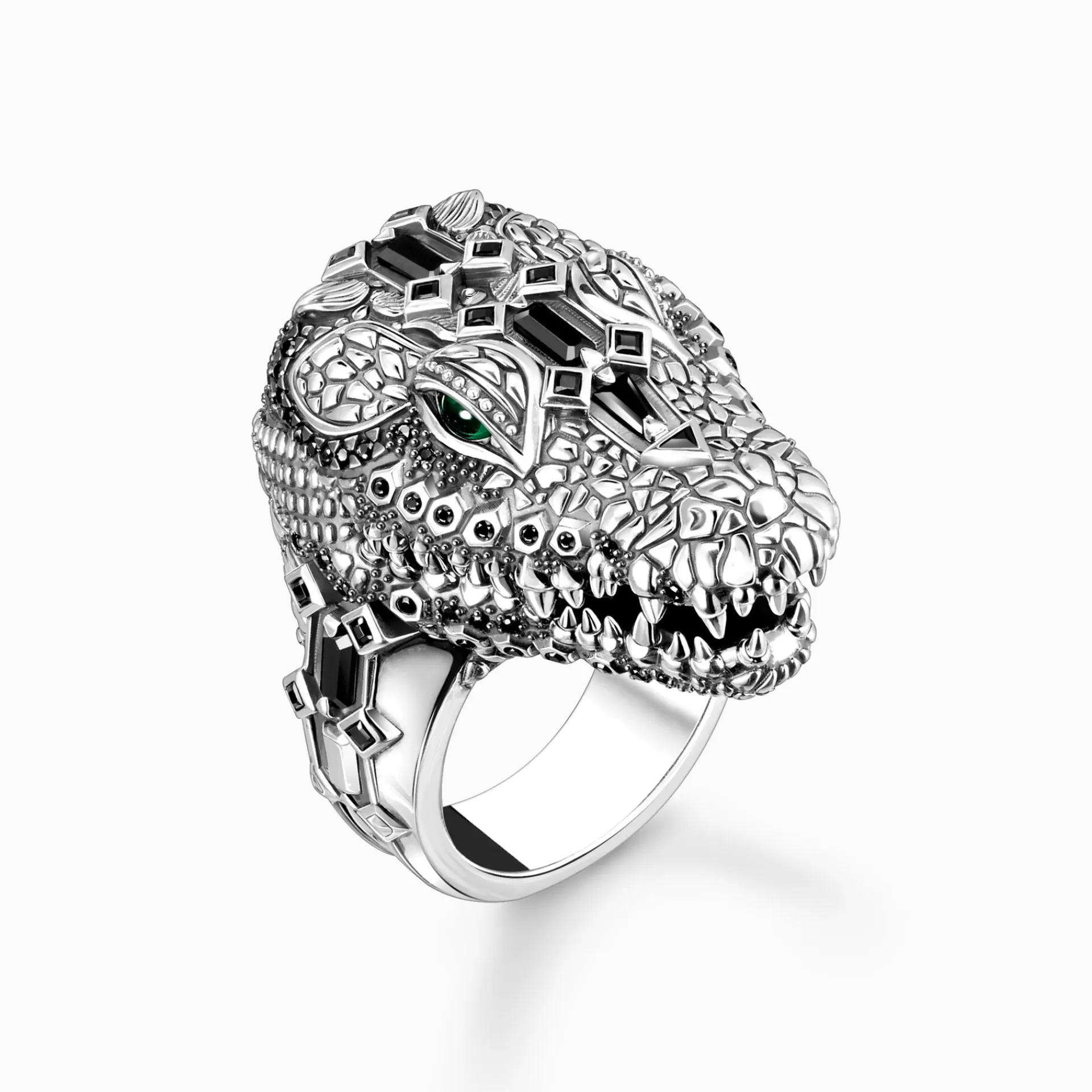 THOMAS SABO Ringar | Återvunnet 925 silver<RING - KROKODILHUVUD MED SVARTA OCH GR&OUML;NA STENAR - SV&AUML;RTAT SILVER silverfargad, grön, svart